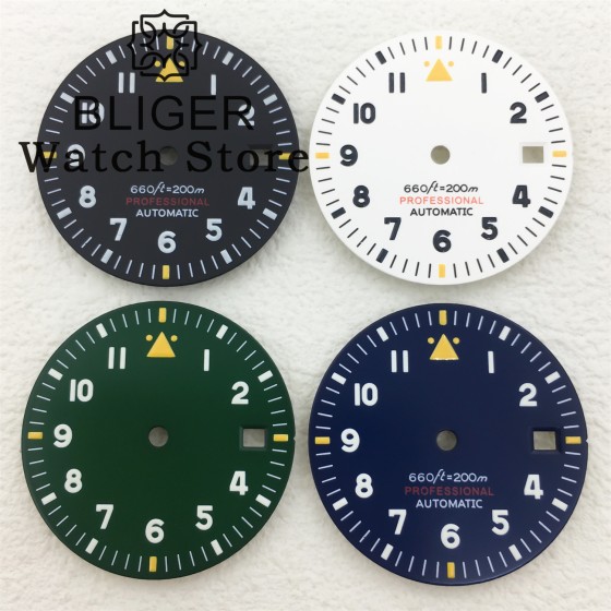 BLIGER Watch Dial 29mm Pilot Style Black Green White Dial C3 Green Luminous Fits ETA2824 2836 PT5000 MIYOTA DG Mingzhu Movement