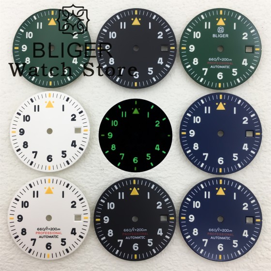 BLIGER Watch Dial 29mm Pilot Style Black Green White Dial C3 Green Luminous Fits ETA2824 2836 PT5000 MIYOTA DG Mingzhu Movement