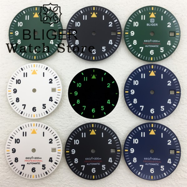 BLIGER Watch Dial 29mm Pilot Style Black Green White Dial C3 Green Luminous Fits ETA2824 2836 PT5000 MIYOTA DG Mingzhu Movement