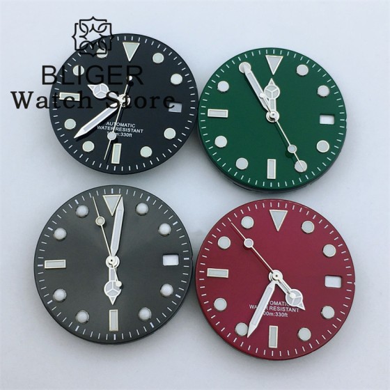 BLIGER 29mm Black Green Blue Red Gold Watch Dial With Hands Green luminous For Miyota DG NH35 NH36 ETA2824 PT5000 Movement