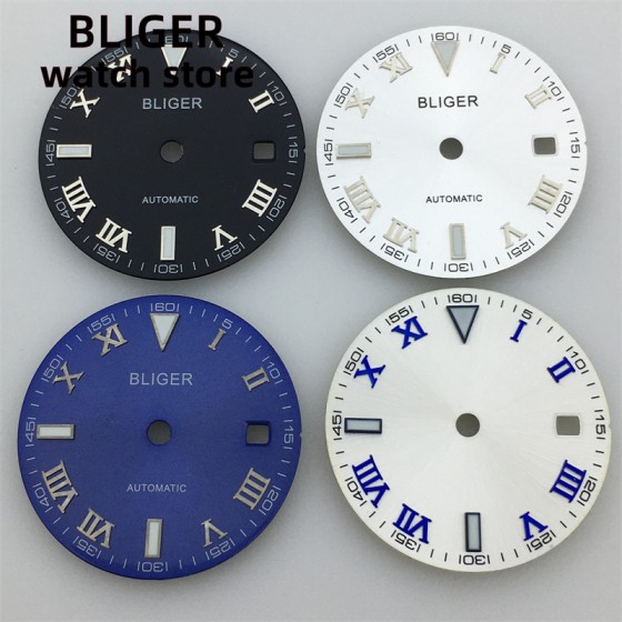 BLIGER 29MMblackbluewhite aseptic Roman numeral dial for 2836/2824 2813/3804Miyota Series 82 movement 39-41mmcase green luminous