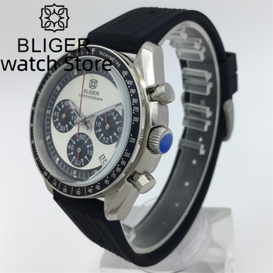 Bliger 41mm quartz men's Watch black rubber with white dial Vk63 movement Multi-function full chronograph watch