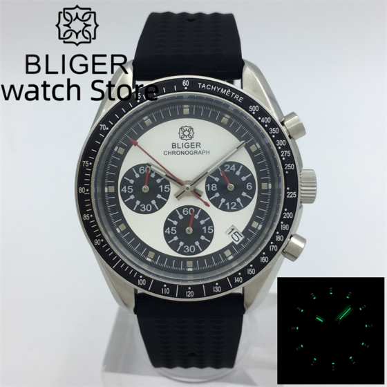 Bliger 41mm quartz men's Watch black rubber with white dial Vk63 movement Multi-function full chronograph watch
