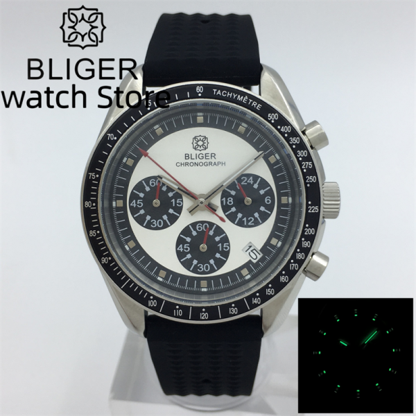 Bliger 41mm quartz men's Watch black rubber with white dial Vk63 movement Multi-function full chronograph watch