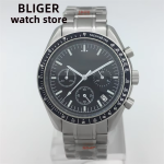 BLIGER 41mm quartz chronograph Fashion sapphire glass Men's VK63 movement black dial stainless steel polished