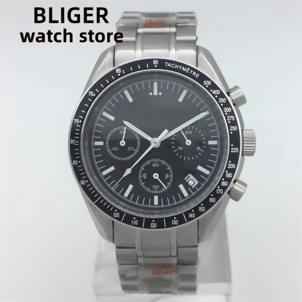BLIGER 41mm quartz chronograph Fashion sapphire glass Men's VK63 movement black dial stainless steel polished