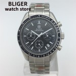 BLIGER 41mm quartz chronograph Fashion sapphire glass Men's VK63 movement black dial stainless steel polished