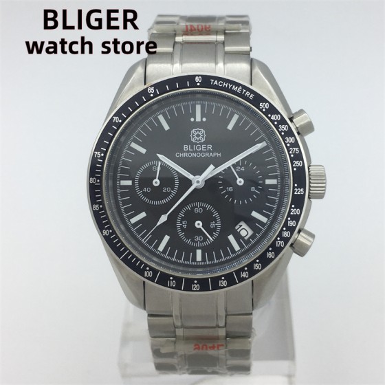 BLIGER 41mm quartz chronograph Fashion sapphire glass Men's VK63 movement black dial stainless steel polished