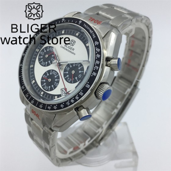 BLIGER 40mm Speed Chronograph Quartz Watch For Men VK63 Movement Automatic Date Stainless Steel Bracelet