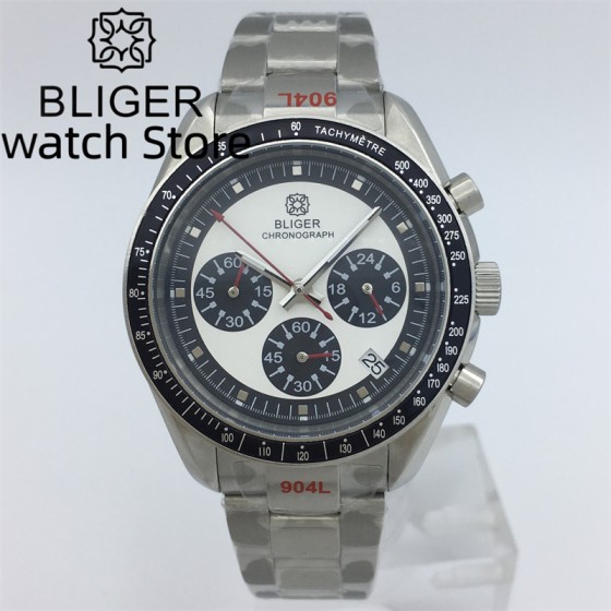 BLIGER 40mm Speed Chronograph Quartz Watch For Men VK63 Movement Automatic Date Stainless Steel Bracelet