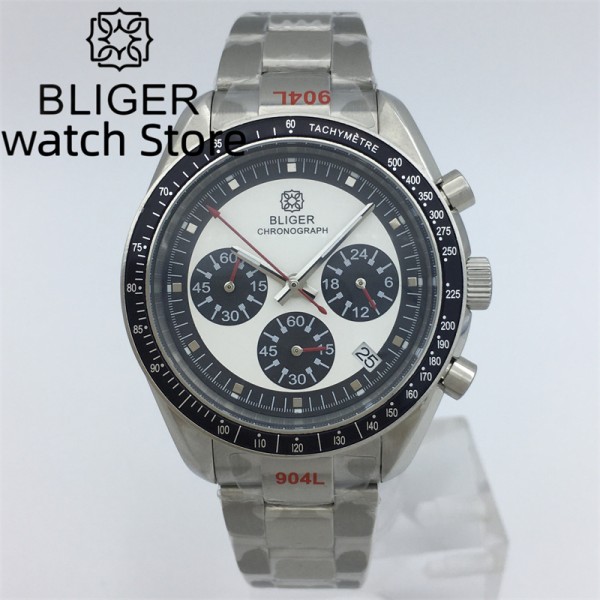 BLIGER 40mm Speed Chronograph Quartz Watch For Men VK63 Movement Automatic Date Stainless Steel Bracelet