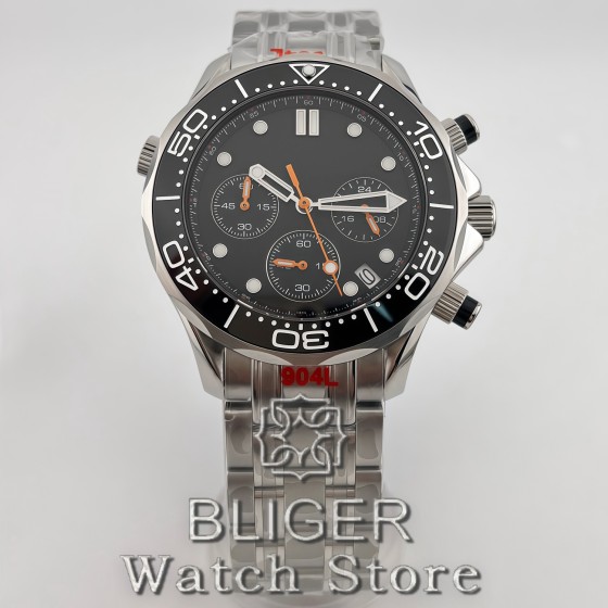 BLIGER 41mm VK63 Chronograph Quartz Watch For Men Blakc Blue Green Dial With C3Luminous Sapphire Glass Ceramic Bezel Steel Strap