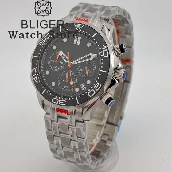 BLIGER 41mm VK63 Chronograph Quartz Watch For Men Blakc Blue Green Dial With C3Luminous Sapphire Glass Ceramic Bezel Steel Strap