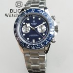 BLIGER 39mm VK64 Moon Quartz Chronograph Watch For Men Sapphire Glass Navy dial Dial With 5 Hands Green Luminous 6 O'clock Date