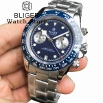 BLIGER 39mm VK64 Moon Quartz Chronograph Watch For Men Sapphire Glass Navy dial Dial With 5 Hands Green Luminous 6 O'clock Date