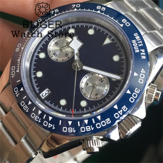 BLIGER 39mm VK64 Moon Quartz Chronograph Watch For Men Sapphire Glass Navy dial Dial With 5 Hands Green Luminous 6 O'clock Date