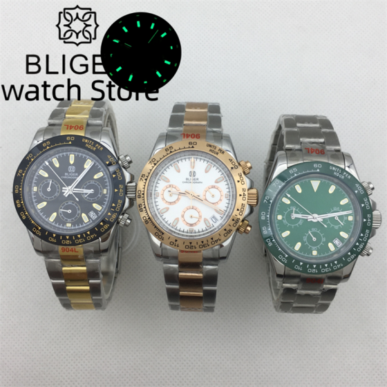 BLIGER 39mm Men's Sports Quartz chronograph Watches VK63 Movement Sapphire Glass Stainless Steel Waterproof Chronograph
