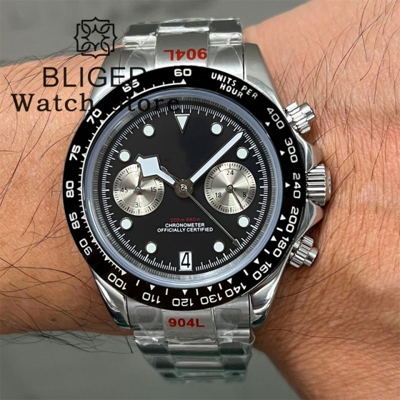 BLIGER 39mm VK64 Moon Quartz Chronograph Watch For Men Sapphire Crystal Black Pink Dial With 5 Hands 6 O'clock Date Waterproof