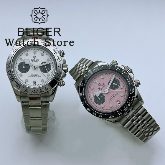 BLIGER 39mm VK64 Moon Quartz Chronograph Watch For Men Sapphire Crystal Black Pink Dial With 5 Hands 6 O'clock Date Waterproof