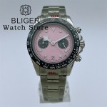 BLIGER 39mm VK64 Moon Quartz Chronograph Watch For Men Sapphire Crystal Black Pink Dial With 5 Hands 6 O'clock Date Waterproof