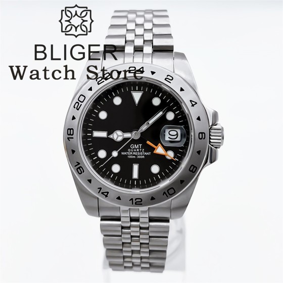 BLIGER 39mm Ronda 515 Quartz Watch For Men Black White Dial luminous 24 Hour GMT Bezel Stainless Case Sapphire glass GMT Hand