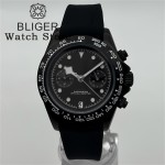 BLIGER 39mm Black Dial VK64 Moon Quartz Chronograph Watch For Men 5 Hand 6 O'clock Date Waterproof Sapphire Crystal Rubber Strap