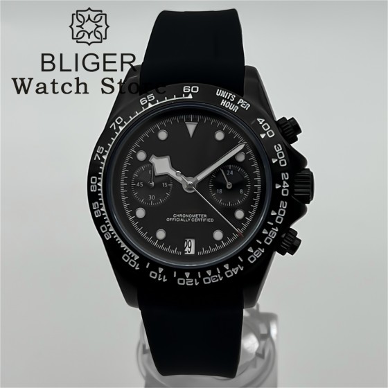 BLIGER 39mm Black Dial VK64 Moon Quartz Chronograph Watch For Men 5 Hand 6 O'clock Date Waterproof Sapphire Crystal Rubber Strap
