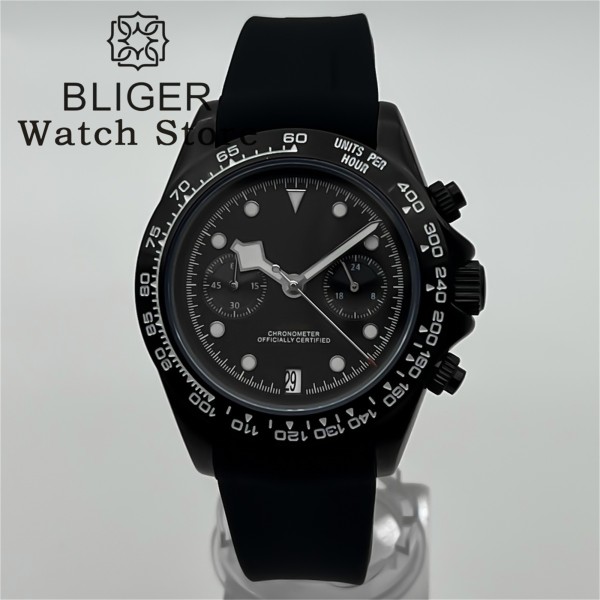 BLIGER 39mm Black Dial VK64 Moon Quartz Chronograph Watch For Men 5 Hand 6 O'clock Date Waterproof Sapphire Crystal Rubber Strap