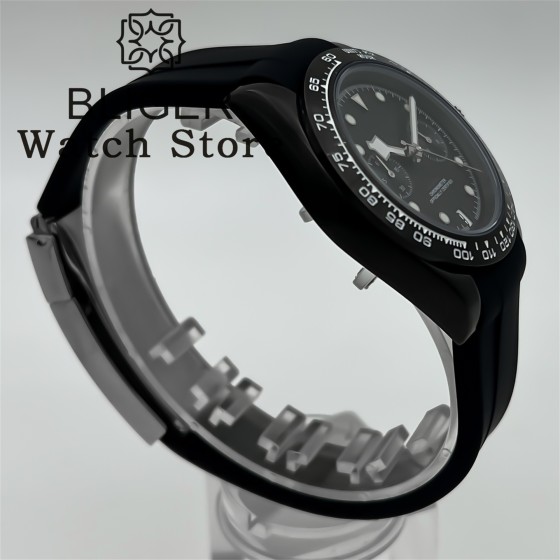 BLIGER 39mm Black Dial VK64 Moon Quartz Chronograph Watch For Men 5 Hand 6 O'clock Date Waterproof Sapphire Crystal Rubber Strap
