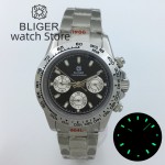 BLIGER 39mm VK63 Motion Multifunctional Time Meter Quartz Men's Watch Commercial Sapphire glass Black white dial luminous inde