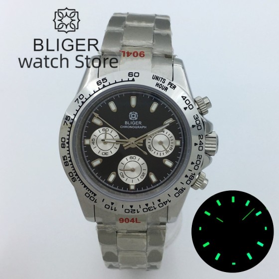 BLIGER 39mm VK63 Motion Multifunctional Time Meter Quartz Men's Watch Commercial Sapphire glass Black white dial luminous inde