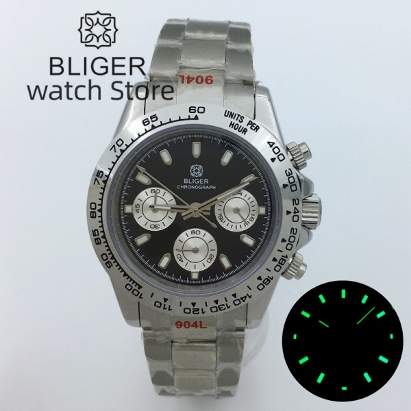 BLIGER 39mm VK63 Motion Multifunctional Time Meter Quartz Men's Watch Commercial Sapphire glass Black white dial luminous inde