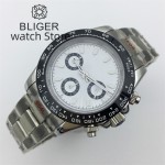 BLIGER 39mm VK63 Motion Multifunctional Time Meter Quartz Men's Watch Commercial Sapphire glass Black white dial luminous inde