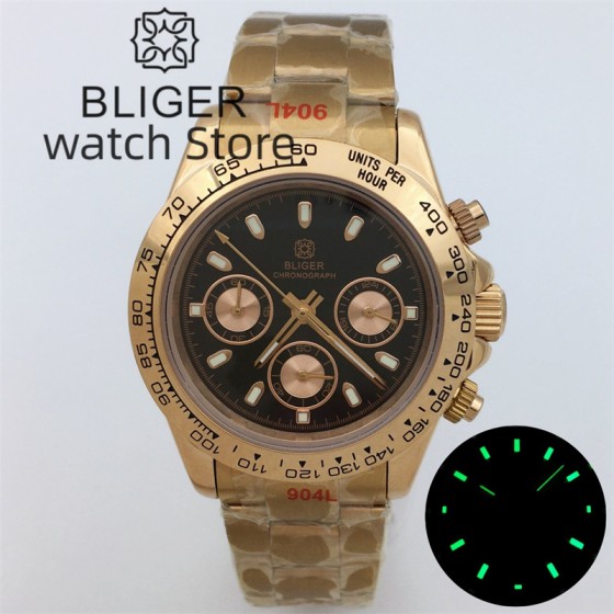 BLIGER Luxury Fashion Rose Gold Quartz Chronograph Business 39mm Sapphire Crystal Men's Watch VK63 Movement Luminous Black Dial