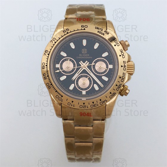 BLIGER Luxury Fashion Rose Gold Quartz Chronograph Business 39mm Sapphire Crystal Men's Watch VK63 Movement Luminous Black Dial