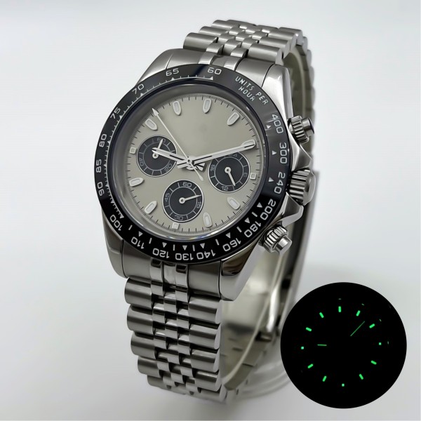 BLIGER 39mm VK63 Quartz Multi-Function Chronograph Watch For Men Gray Dial Black Bezel Sapphire Glass Luminous Waterproof Watch