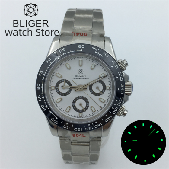BLIGER 39mm Men's Sports Quartz Watches Sapphire Stainless Steel Waterproof Chronograph Luxury Reloj Hombre