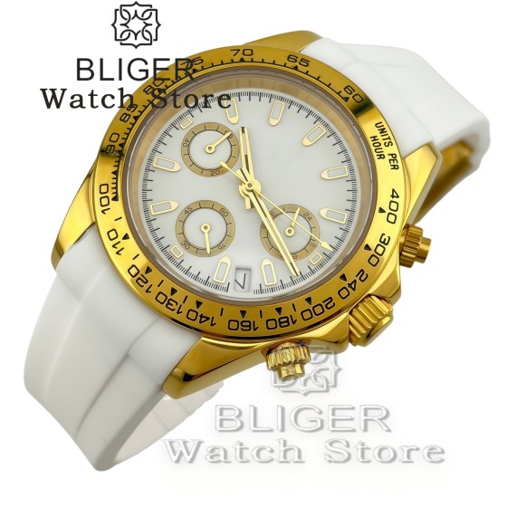 BLIGER Yellow Gold VK63 WATCH Luxury 39mm quartz Chronograph Business Watch Men's VK63 Sport Sapphire Glass Steel/Rubber Strap