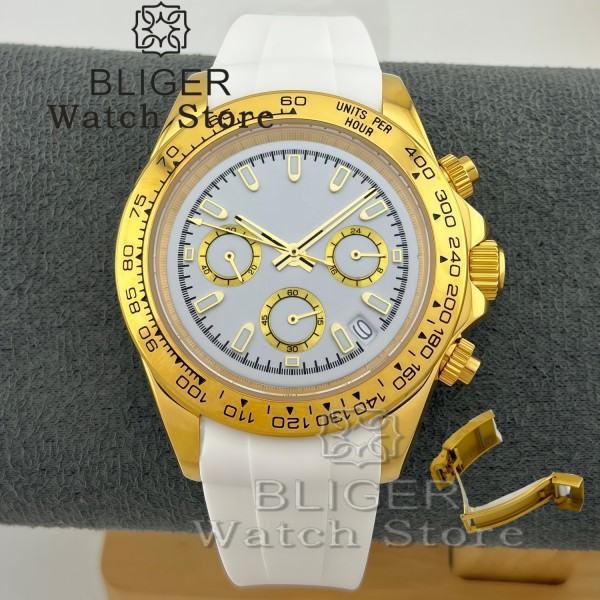 BLIGER Yellow Gold VK63 WATCH Luxury 39mm quartz Chronograph Business Watch Men's VK63 Sport Sapphire Glass Steel/Rubber Strap