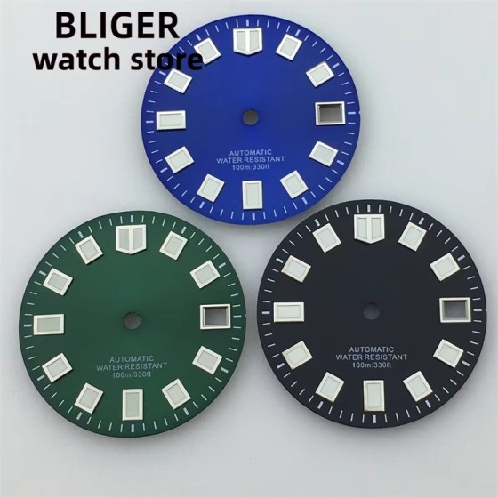 BLIGER 29mm NH35 Watch Dial Black Green Blue Dial Green luminous Suitable For NH35 NH36 NH38 movements