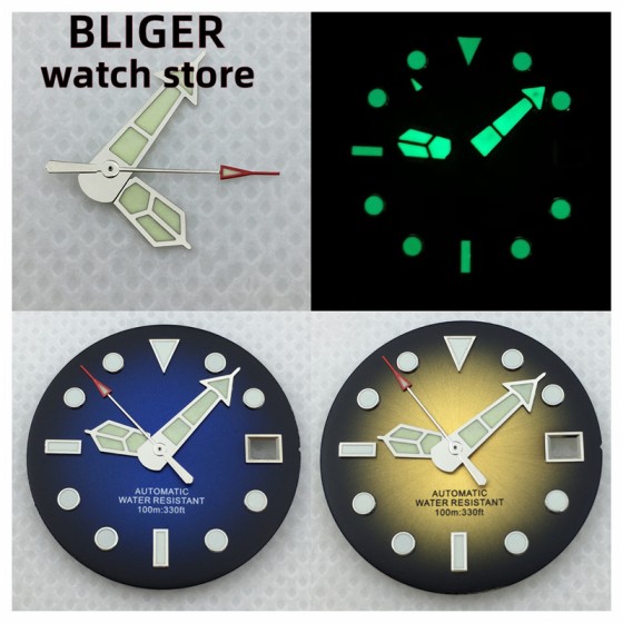 29mm blue yellow date watch dial hands green glow-in-the-dark suitable for NH35 automatic movement