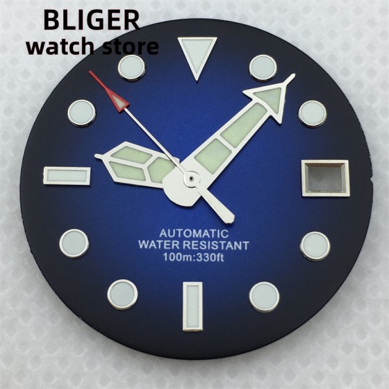 29mm blue yellow date watch dial hands green glow-in-the-dark suitable for NH35 automatic movement