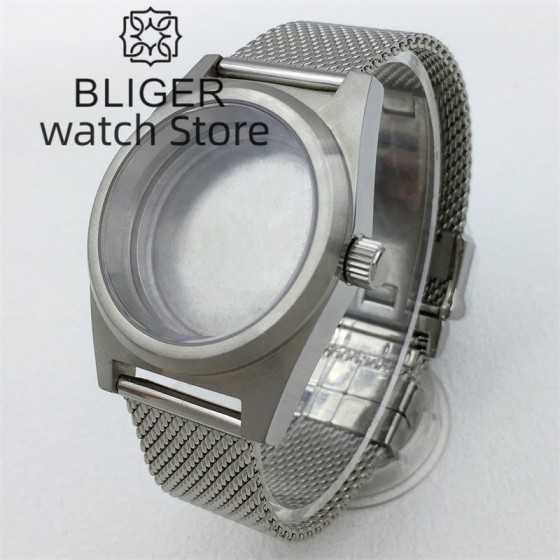 BLIGER 38mm Plain Glass Vintage Watch Case Stainless Steel Mesh Strap Fit Japan NH35 NH36 ETA2824 PT5000 Automatic Movement