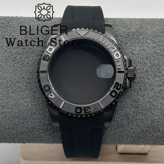 40mm Black PVD NH35 Watch Case Rubber Strap Sapphire Glass With 120 clicks Waterproof Fit NH34 NH35 NH36 ETA2824 PT5000 Movement