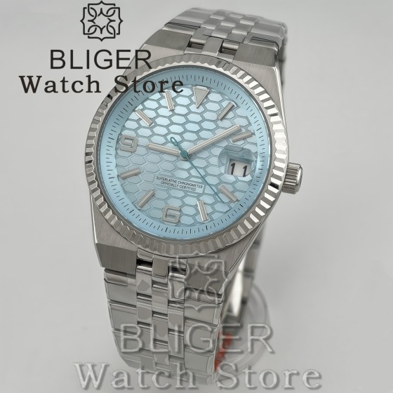 BLIGER 36mm 40mm Luxury NH35 Sport Clock Automatic Mechanical Wristwatch For Men Sapphire Glass Calendar Ice Blue Men's watch
