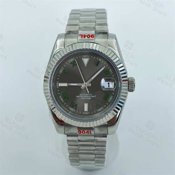 BLIGER 36mm 39mm Sunburst Grey Dial Dark Green Roman Numbers NH35 Automatic Men Watch Stainless Steel Strap Sapphire Glass
