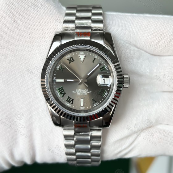 BLIGER 36mm 39mm Sunburst Grey Dial Dark Green Roman Numbers NH35 Automatic Men Watch Stainless Steel Strap Sapphire Glass
