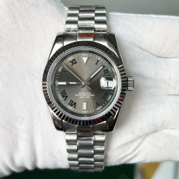 BLIGER 36mm 39mm Sunburst Grey Dial Dark Green Roman Numbers NH35 Automatic Men Watch Stainless Steel Strap Sapphire Glass