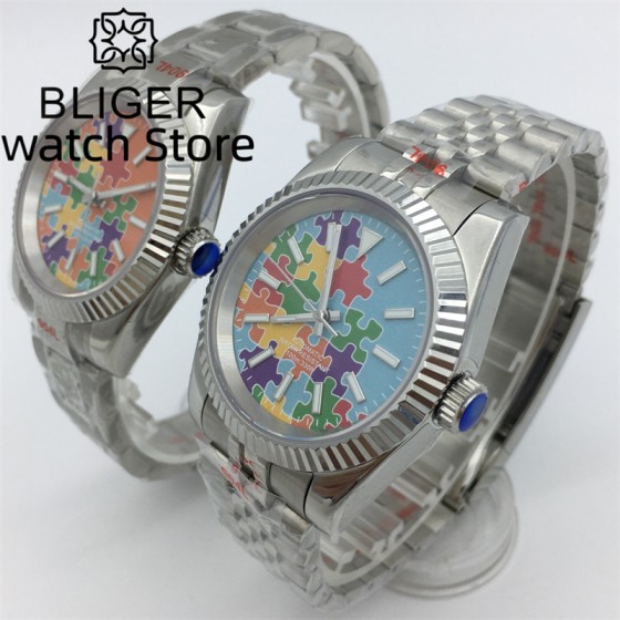 BLIGER 36mm 39mm NH35A PT5000 Men's Watch Orange Blue Puzzle Printing Dial Sapphire Crystal Slot Bezel Automatic Watch For Me