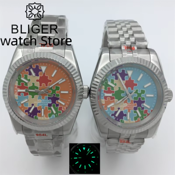 BLIGER 36mm 39mm NH35A PT5000 Men's Watch Orange Blue Puzzle Printing Dial Sapphire Crystal Slot Bezel Automatic Watch For Me